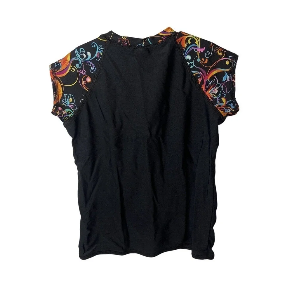 Ron Jon Surf Shop Girls Rash Guard‎ Black Floral Cap Sleeve Swim Top Size 8